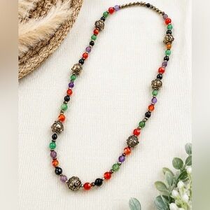 Vintage Artisan Multicolor Beaded Necklace Floral Spacer Beads Boho 24”
